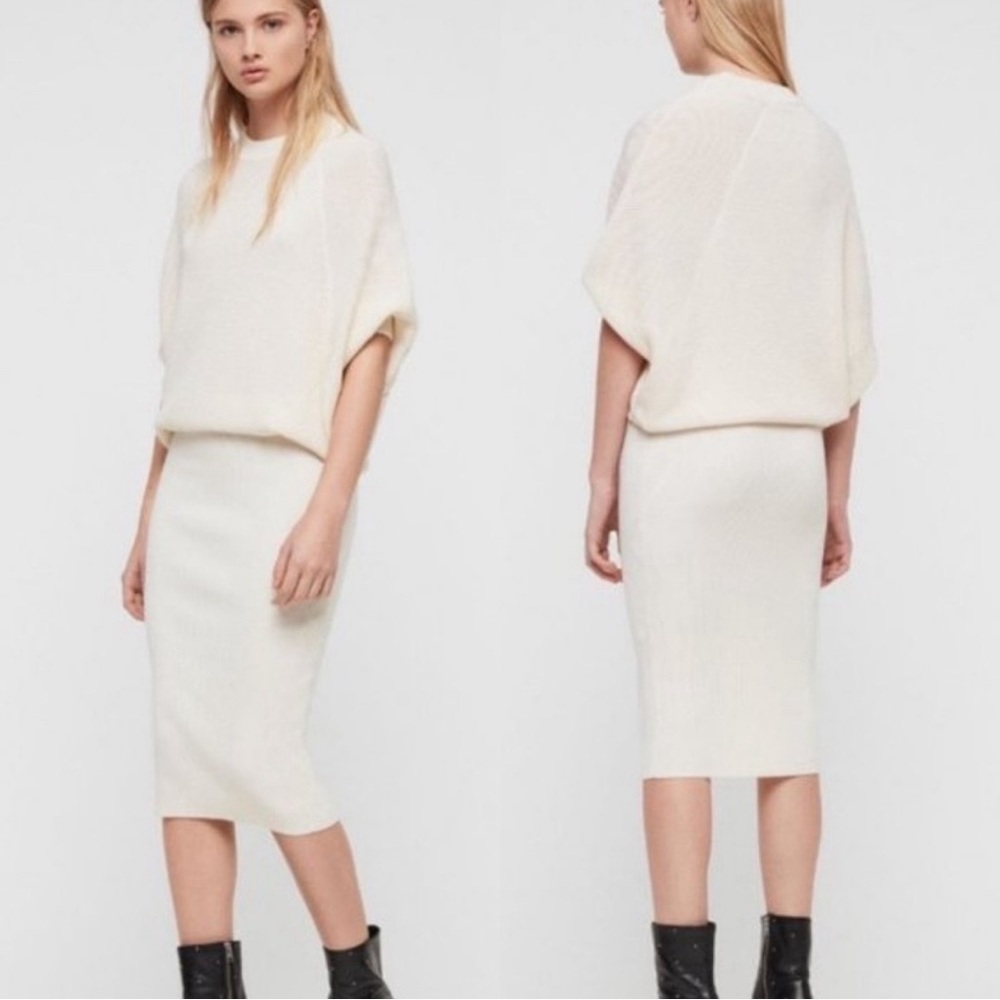 All Saints Deon White Wool Cashmere Rib-Knit Blouson Sweater Dress M $298